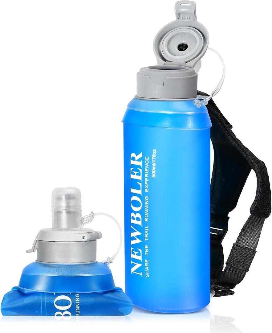 500ml Handheld Running Water Bottle Soft Flask, BPA-Free with Dust Cap, Adjustable Handstrap for Running & Walking (Blue)