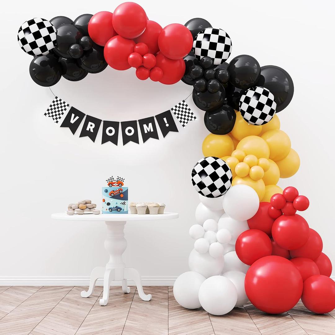 HOUSE OF PARTY Race Car Balloon Garland - 110 Pcs | Two Fast Birthday Decorations with Red Black White Yellow & Checkered Balloons with VROOM! Banner for Cars Party Decorations