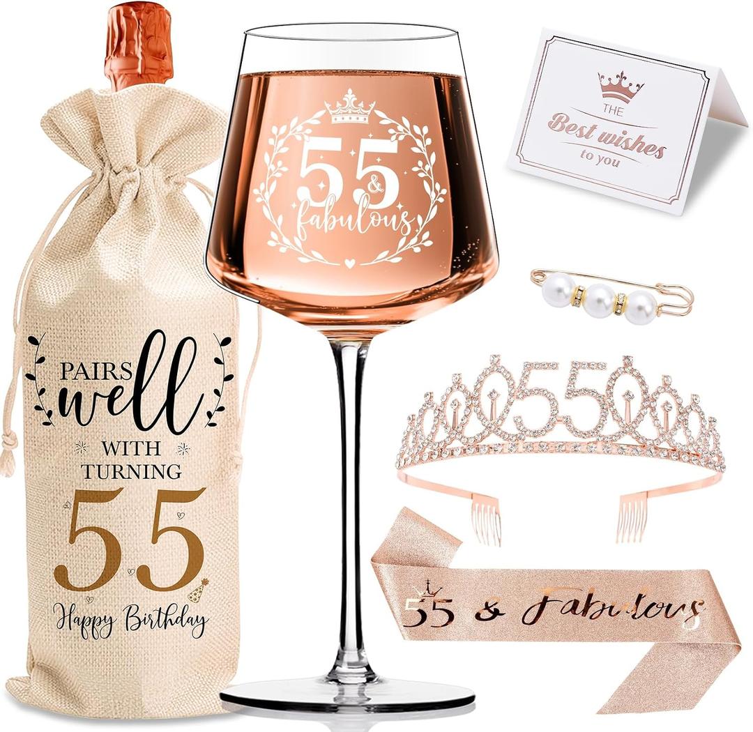 55th Birthday Gifts for Women Her - 55 & Fabulous Wine Glass, Wine Bag, Sash & Rhinestone Crown Tiara Set - 55th Birthday Decorations Party Supplies for Mom Wife Aunt Sister Friend