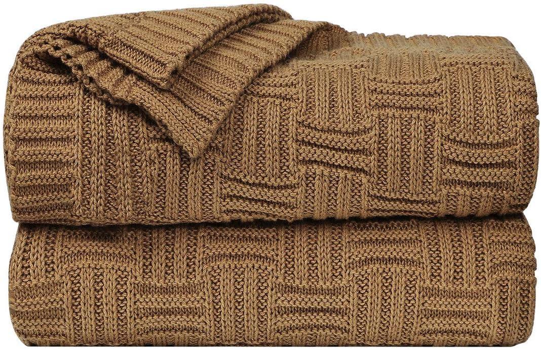 Uxcell 100% Cotton Cable Knit Throw Blanket,Soft Lightweight Lap Blanket,Textured Solid Sofa Throw Couch Cover Decors Knitted Blankets, Brown 47"x 70"