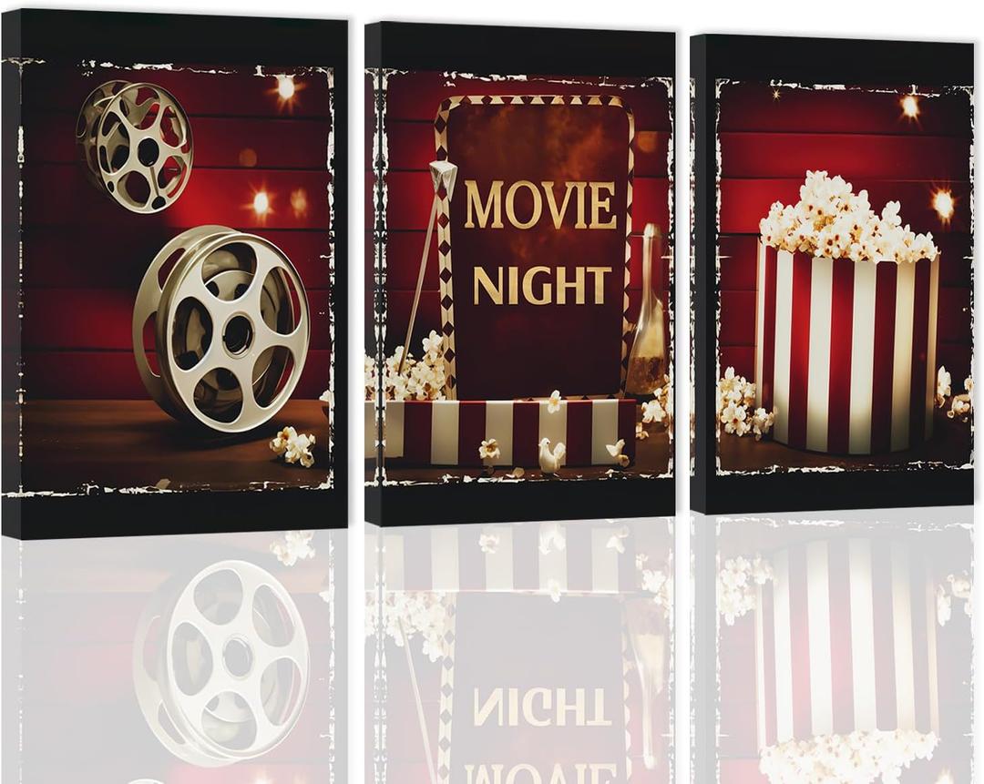 ZXHYWYM Movie Wall Art 3-Piece Canvas Print - Black & Red Movie Popcorn Painting - Modern Home Theater Room Decor (12x16x3)