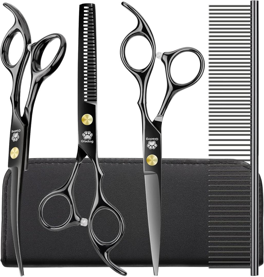 Gladog Grooming Scissors Kit with Safety Round Tips, GLADOG Professional 5 in 1 Grooming Scissors for Dog