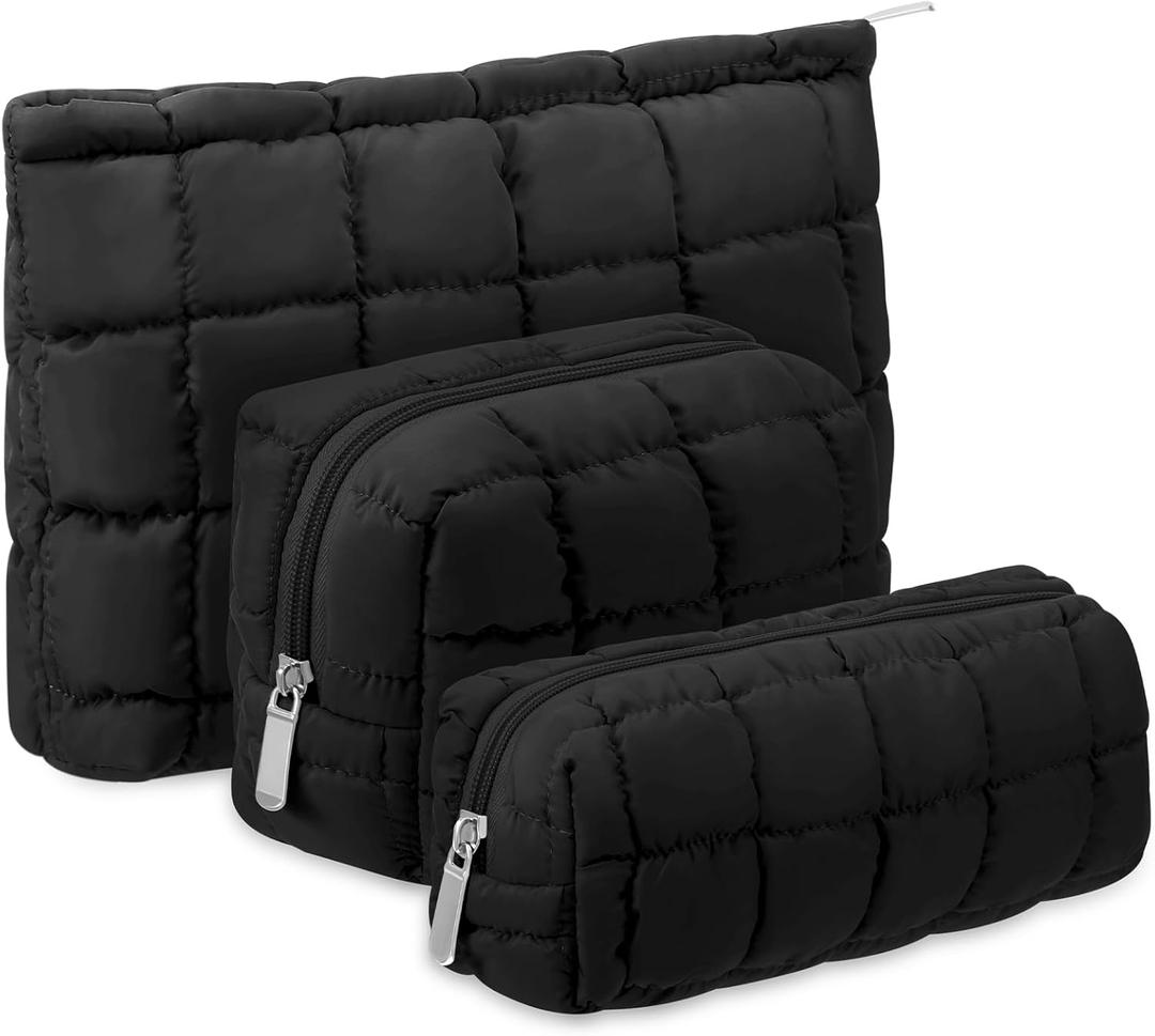 Huhumy 3 Pcs Puffy Makeup Bag Quilted Cosmetic Pouch for Women Cute Checkered Travel Toiletry Bag Puffer Makeup Organizer Purse Pouch Preppy Pencil Case with Zipper(Black)