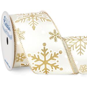 Ribbli Gold Snowflake Wired Ribbon,Ivory Satin with Big Glitter Snowflake Christmas Ribbon for Wreath ChritmasTree Decoration Gift Wrapping Home Decor, 2-1/2 Inch x 10 Yards