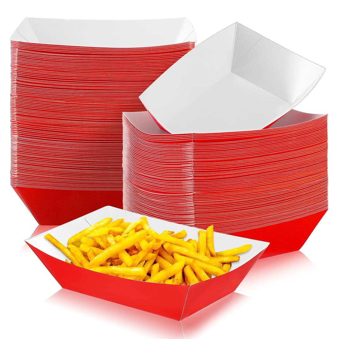 Yinkin 100 Pcs 2lb Paper Food Trays Boat 2lb Disposable Nacho Trays Kraft Paper Boat for Tacos Concession Easter Graduation Birthday Party Supplies(Red)