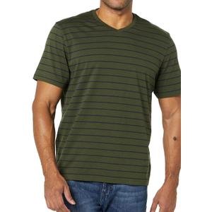Amazon Essentials Men's V-Neck Short-Sleeve T-Shirts, Pack of 2, Navy/ Olive/ Stripe, X-Small