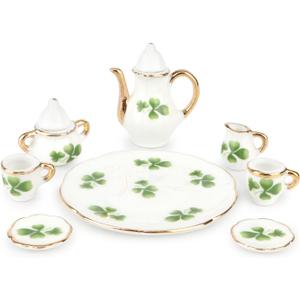 Dollhouse 1:6 Porcelain Tea Cup Sets 8 Pcs Set Miniature Ceramics Dollhouse Accessories Flower Pattern Teapot Platter Dish Sets Dollhouse Kitchen Supplies Decoration (Lucky Clover)