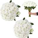 White Roses Artificial Flowers Bulk, 32Pcs Fake Roses Artificial Velvet Roses with Stems, DIY Silk Flowers Roses Bouquet, Realistic Faux Artificial Roses for Mother's Day Home Table Decor