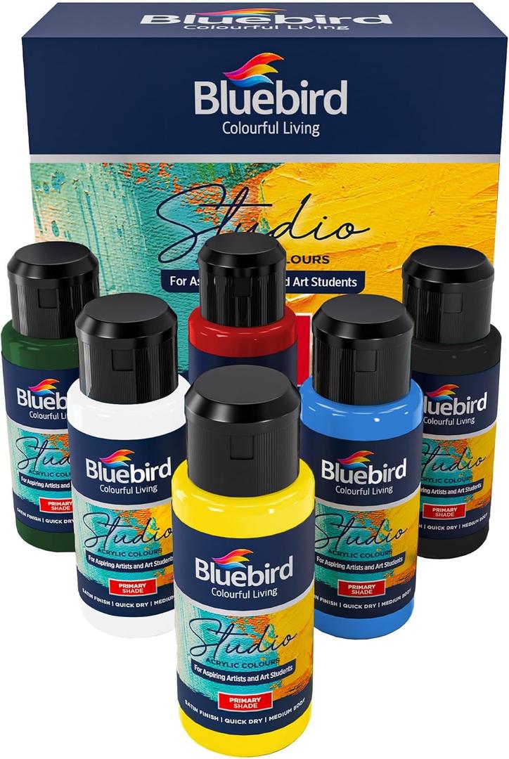 BLUEBIRD Studio Acrylic Paints, Primary Colors, 6-Pack 3.4 Fl Oz each, Basic Acrylic Paint For DIY Crafts & Beginner Artists