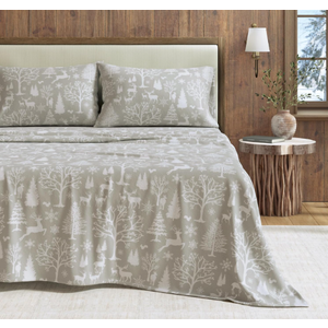 Great Bay Home Flannel Sheet Set Queen Size - 100% Turkish Cotton, Double-Brushed, Lodge-Printed Bed Sheets - Ultra-Soft, Cozy, 4-Piece Bedding Set (Enchanted Woods - Grey)