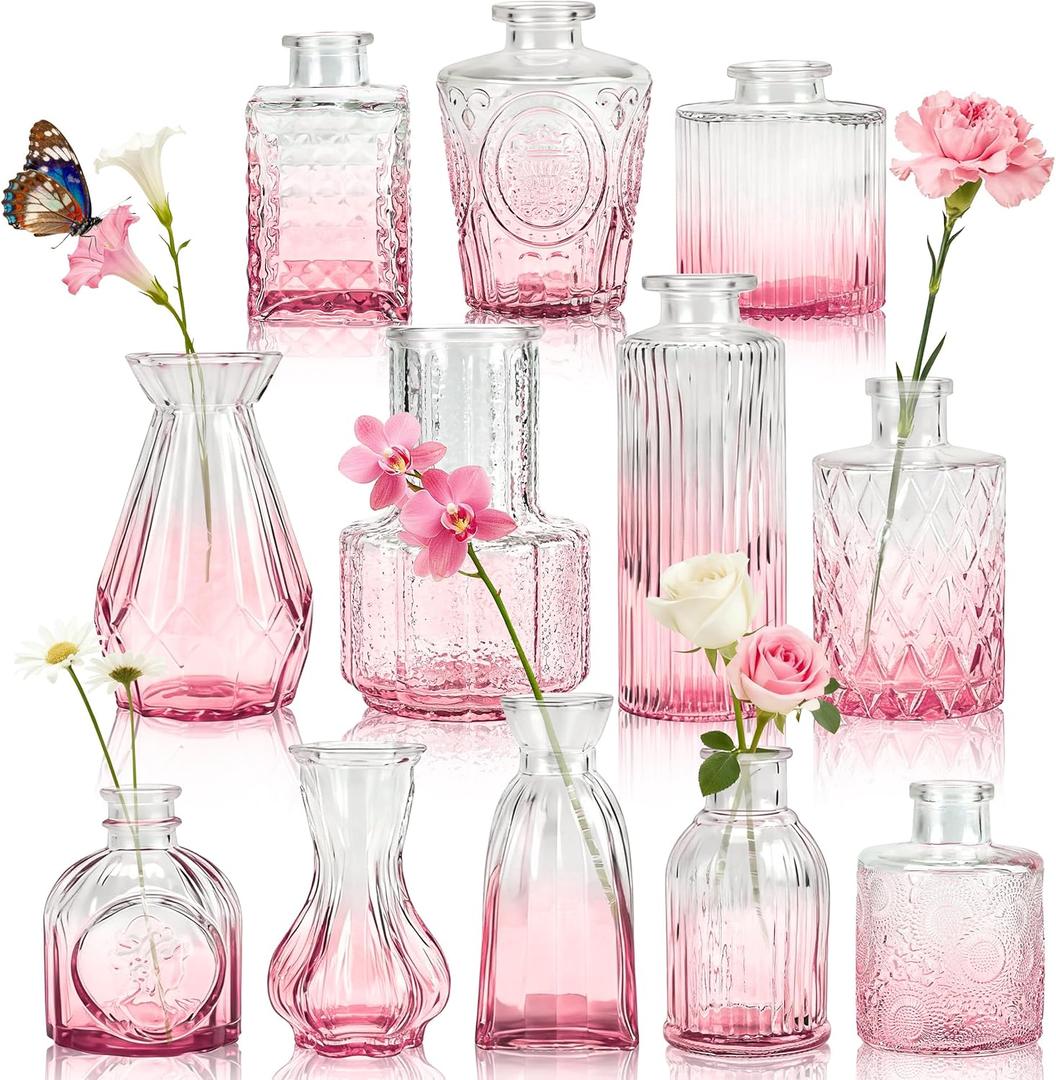 Der Rose Pink Vases Set of 12, Small Bud Vases for Flowers, Rustic Wedding Centerpieces and Home Decor