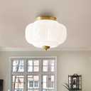 Milk Glass Ceiling Light Fixture - Farmhouse Antique Brass Semi Flush Mount Ceiling Light for Kitchen, Hallway, and Bedroom 
(White 15 inch)