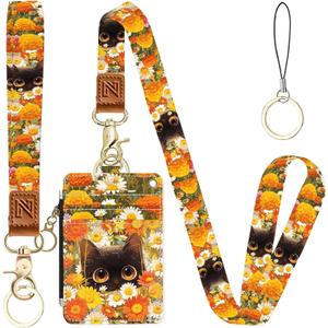 Cute cat Hidden Among The Flowers 2-in-1 ID Badge Holder & Lanyard Wallet for Teachers,Nurse,Professionals-Cute Zippered Coin Pouch,Removable Wristlet & Neck Lanyard,5 Card Slots Stylish Work