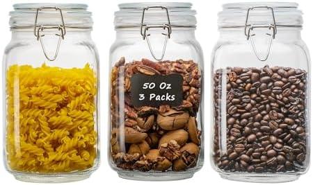 LOOIOOJ 50oz Square Glass Food Storage Jars with Airtight Clamp Lids, 3 Pack Large Kitchen Canisters for Flour, Cereal, Coffee, Pasta and Canning, Mason Jar (Clear 50oz Square - 3 sets)