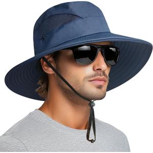 PFFY Sun Hats for Men Women Wide Brim Bucket Hat UPF 50+ Outdoor Beach Hiking Fishing Hat (Blue)