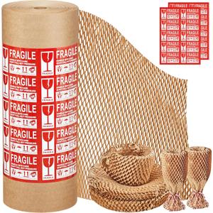 JARLINK Honeycomb Packing Paper, 15"x 412' Bubble Packing Wrap for Packing/Shipping/Moving, Eco-Friendly Bubble Packing Paper Wrapping Roll, Recyclable Moving Supplies With 30 Fragile Sticker Labels