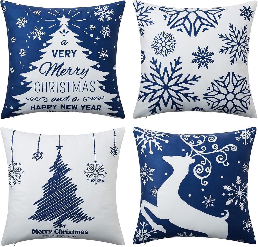 Christmas Pillow Covers 20X20 Set of 4 Navy Blue white Christmas Decorations Merry Christmas Snowflake Throw Pillow Covers Deer Xmas Tree Winter Holiday Farmhouse Decor Cushion Case for Sofa Couch