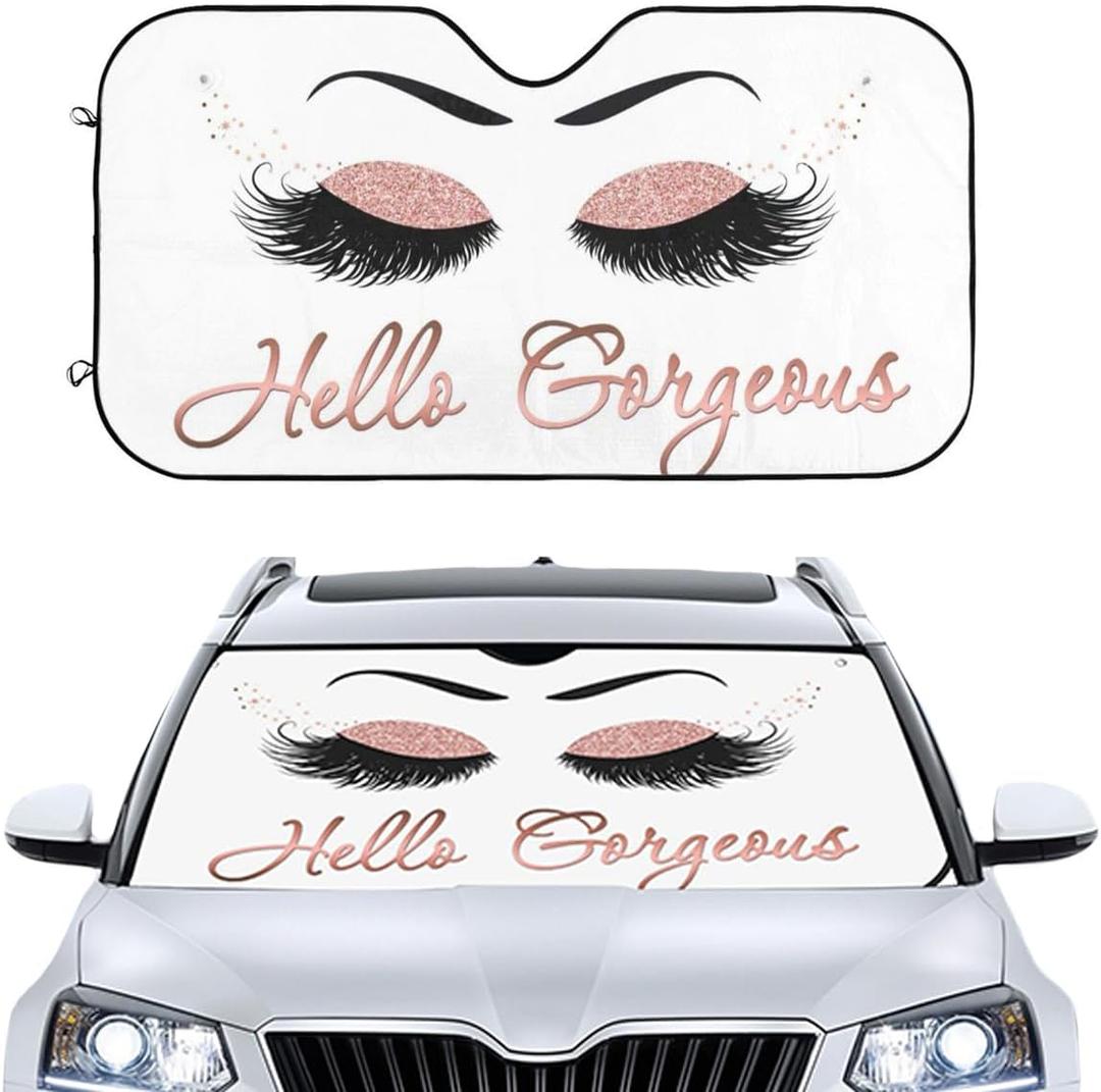 Womens Cute Pink Car Front Windshield Sun Shades, Sparkling Eyelash Auto Window Sunshade, Summer Sun UV Rays Blocker Visor Protector, Folding Sun Visor Shield Keep Your Vehicle Cool 51x27.5 in