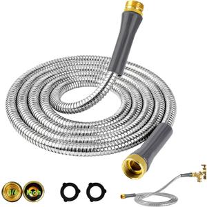 Metal Garden Hose 10ft Flexible Short Stainless Steel Water Hose Extension Female to Male Connector Kink Free Leader Lightweight Hoses for RV Hose Reel Box Yard Outdoor Sink Watering Tools Car wash