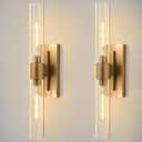 Champagne Brass Bathroom Wall Sconce - Set of 2 Modern Gold Light Sconces - Clear Glass Tube Vanity Lights - Vertical or Horizontal Mounted Dimmable Lighting Fixtures for Indoor Living Room Hallway