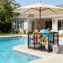 Extra Large Pool Storage Bin, Metal Rolling Float Swimming Equipment Holder Organizer Cart with Mesh, Black XL