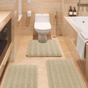 ACCUMTEK Striped Beige Bathroom Rug Set 3 Pieces Ultra Soft, Non Slip Chenille Toilet Mat, Absorbent Plush Shaggy Bath Mats for Bathroom, Bedroom, Kitchen (20"x32"+17"x24"+U Shape 20"x24")