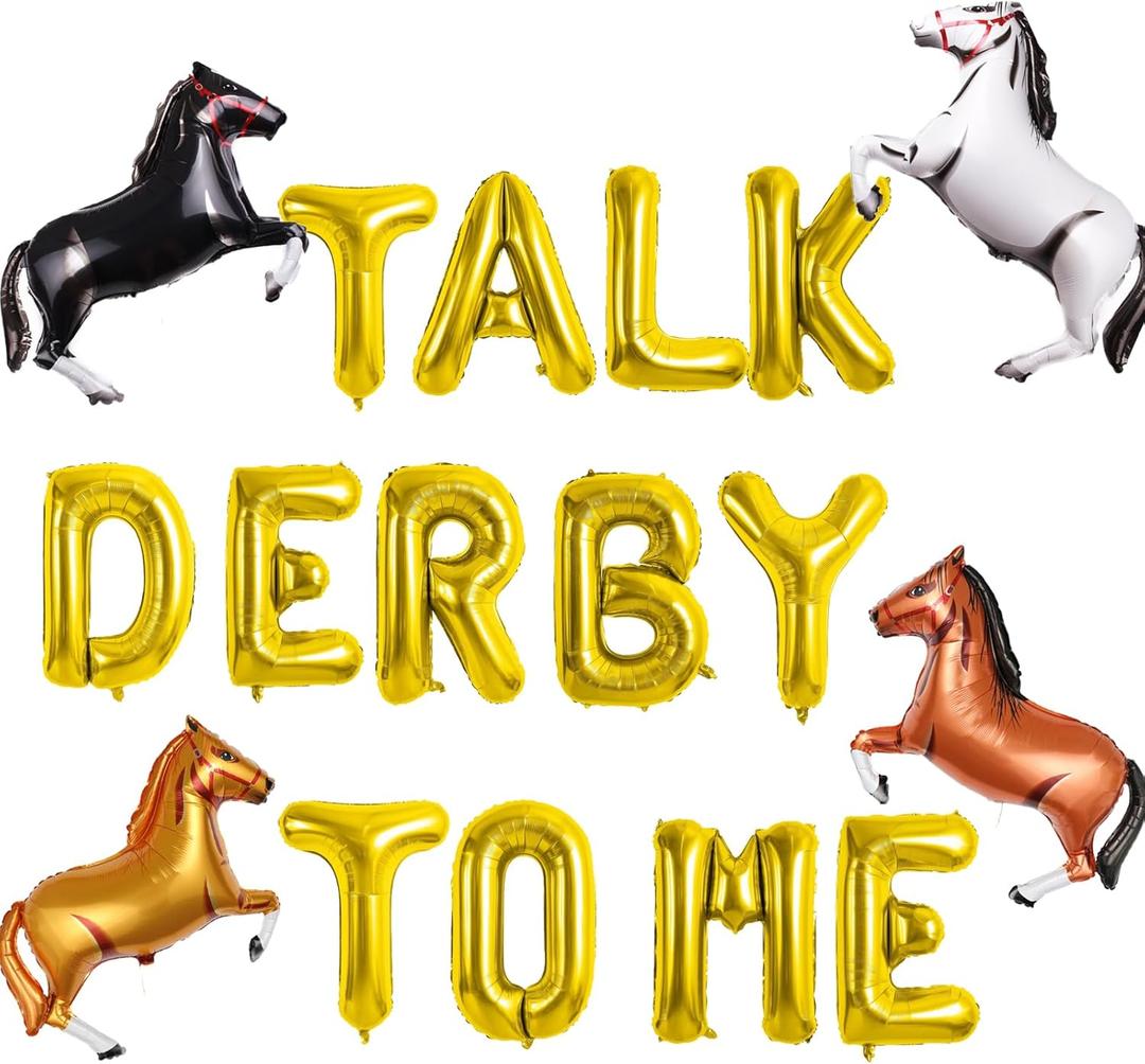 Talk Derby to Me Balloons Banner, Kentucky Derby Party Banner, Horse Racing Party Decoration for Kentucky Derby Day Party, 13pcs Foil Letter Balloons and 4pcs Horse Foil Balloons