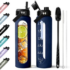 Aqulea 32 oz Glass Water Bottle with 2 Lids Spout & Straw Lids, 1L Motivational Borosilicate Glass Water Bottle with Time Marker & Silicone Sleeve, Leakproof (Blue)