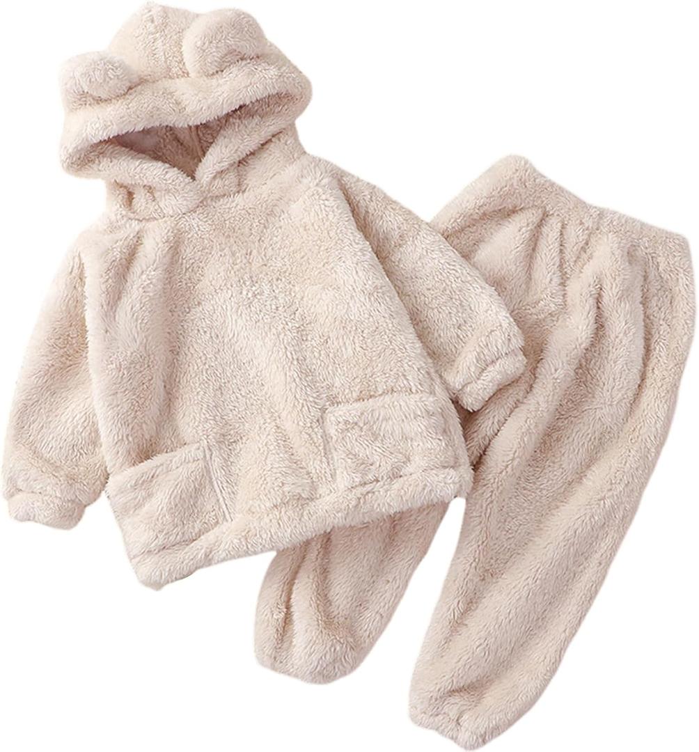 Arssm Girl Pants Sets Two Pieces Outfit Kids Bear Ear Fuzzy Fluffy Hoodie Sweatshirt with Fleece Sweatpants (4T, Beige)