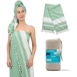 THREAD SPREAD Chambray Turkish Beach Towels 2 Pack - 100% Cotton Quick Dry Lightweight & Absorbent, Large Turkish Bath Towels for Travel, Sand Free Oversized Pool Beach Towel (Jade Green, 39" x 71")