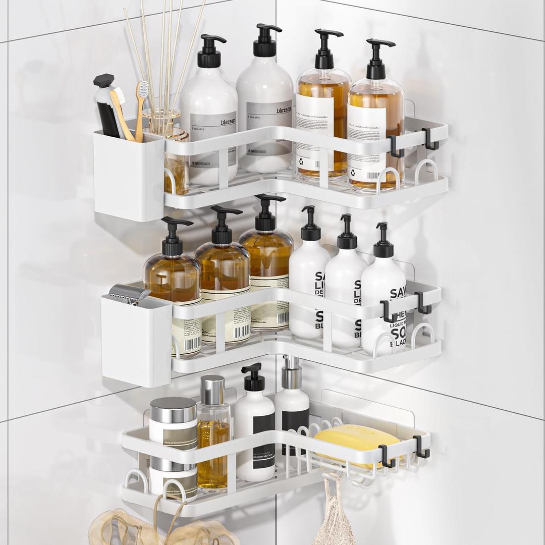 3 Pack Corner Shower Caddy Organizer, Rustproof Corner Shower Shelves, No Drilling Bathroom Corner Shelf with Hooks and Toothpaste Holder