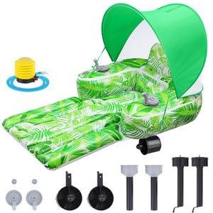 ShinyRelief Motorized Pool Float for Adults with Canopy, Inflatable Pool Lounger with Dual Motors, Cup Holders, Foot Pump, Raft Holds up to 220lb, Electric Floaty for Lake Summer Water(Green)