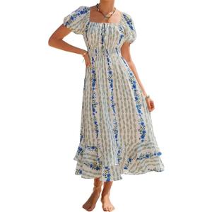 Kate Kasin Womens Summer Boho Floral Maxi Dress 2026 Square Neck Puff Sleeve Smocked Flowy A Line Beach Wedding Guest Dresses Medium