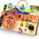Busy Board Montessori Toys for Toddlers 1-3 with Steering Wheel, Lights & Switches, Wooden Driving Activity Board | Sensory Montessori Busy Board for 1+ Year Old, Toddler Learning & Travel Toy