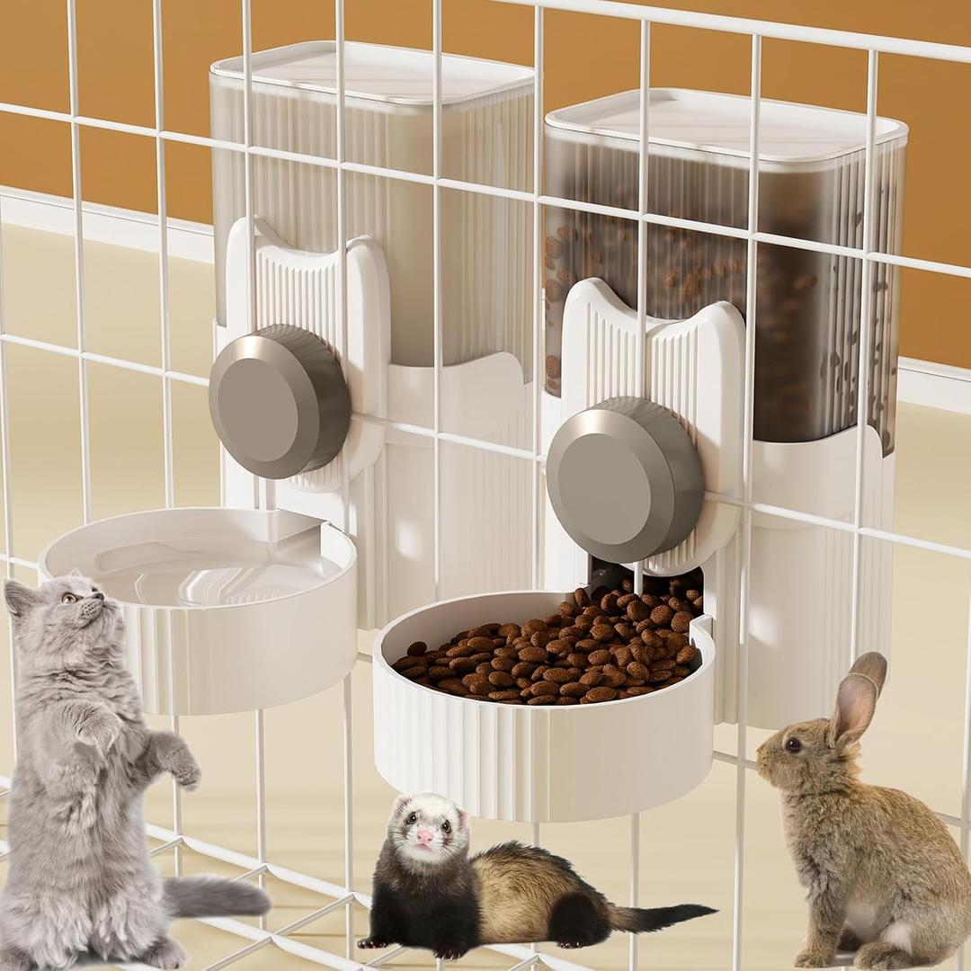 Rabbit Feeder for Cage,Hanging Automatic Cat Feeder and Water Dispenser,Ferret Cage Accessories,Food Water Bowl for Cats Rabbit Guinea Pig Cages(Cage Grid Spacing Over 1.2'') (White Gray)
