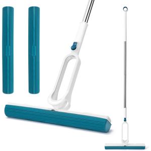 Sponge Mop for Floor Cleaning with 53" Long Handle, Total 2 Sponge Heads (NOT 3), Easily Dry Wringing for Hardwood Tile Concrete Bathroom Kitchen