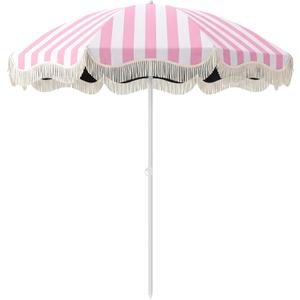 Klyyo Clyro 6.5 ft Patio Umbrella with Fringe, UPF 50+ UV Boho Outdoor Beach Umbrella with Carry Bag, UV Sun Protection Shade with Tassels for Garden, Deck, Backyard (Pink Strip,Standalone)