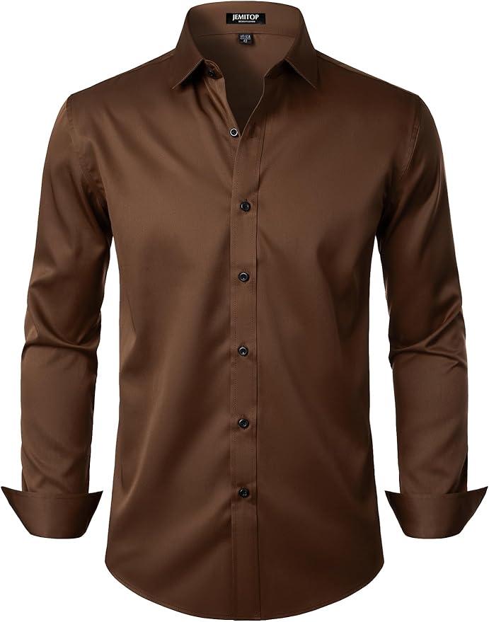 JEMITOP Men's Stretch Wrinkle Free Dress Shirts Formal Wedding Prom Long Sleeve Slim Fit Button Down Shirt, M
