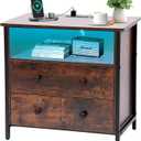 27 Inch Wide Night Stand, Large Wooden Night Stand with 2 Drawers, LED Nightstand with Charging Station and Adjustable Drawer, Bedside Table for Living Room/Bedroom/Study/Office, Retro Brown.