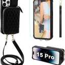 MONASAY Zipper Wallet Case Compatible for iPhone 15 Pro,[Glass Screen Protector ][RFID Blocking] Flip Leather Handbag Phone Cover with Card Holder and Detachable Crossbody Lanyard Strap, Black
