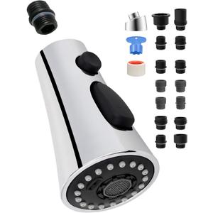 Universal Kitchen Faucet Head Replacement with 15 Adapter Kit Compatible with Kohler/Moen/Delta Faucet, 3 Function Pull Down Sink Faucet Spray Head, Chrome