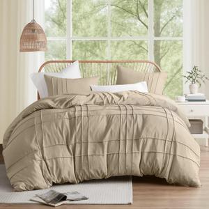 Comfort Spaces Khaki Cal King Size Duvet Cover Set - 3-pc Pintuck Pleated Duvet Cover, All Season Lightweight, Extra Softness Pre-Washed Microfiber Bed Cover Shams