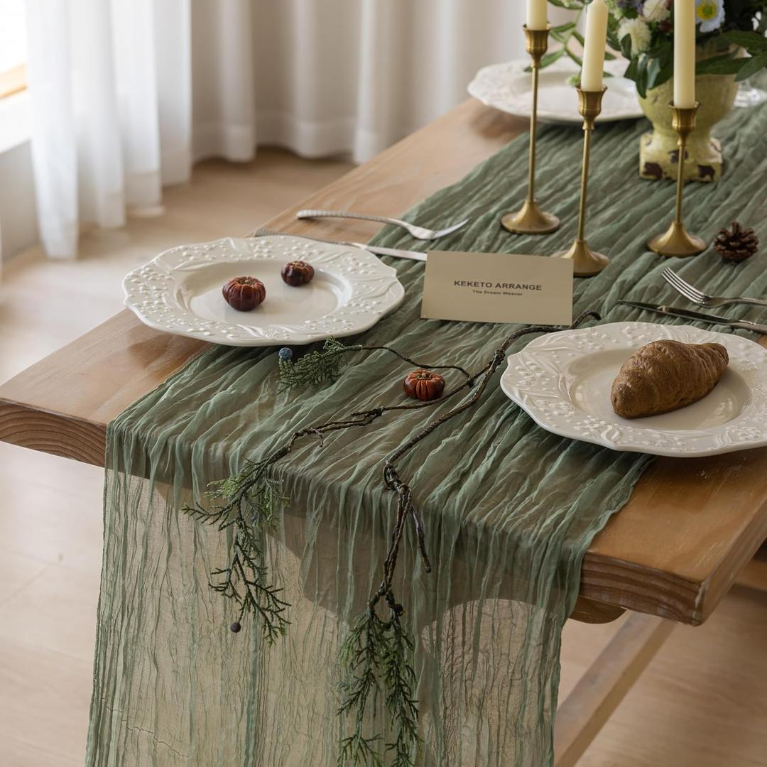 Keketoarrange Sage Green Table Runner Cheesecloth 120 Inch 10 FT Rustic Boho Cheese Cloth Table Runner for Wedding Baby Shower Bridal Shower Sheer Gauze Centerpiece Spring Summer Home Decorations