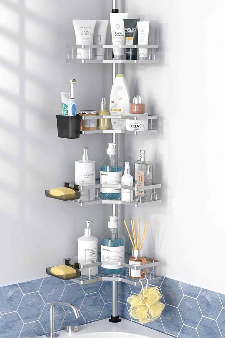 Corner Shower Caddy Tension Pole: 4tier adjustable Rustproof Bathroom Organizer Shelves - Bathtub shampoo rack 43.5-120 inch