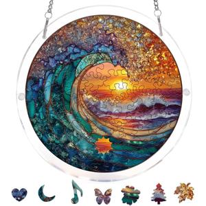 Acrylic Puzzle Suncatcher, Ocean and Sun Stained Glass Window Hanging, Sun Catcher Puzzle Kit Home Garden Decor, Creative Mothers Day and Birthdays Gifts for Mom, Wife, Sisters, 7.87 inch