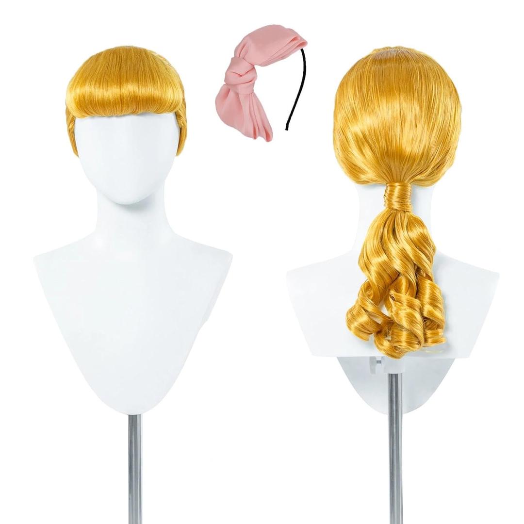 Bo Peep Wig with Headband Lacey Wigs 19th Century Pigtails Maiden Long Curlsbundle Wig (Blonde)