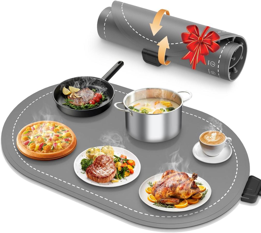 seenlast Warming Mat for Food with Adjustable Temperature Timer,10S Fast Heating Silicone Food Warmers for Parties Buffet and Home Daily,Food Warming Mat with Insulating Pad Raised Feet Protects Table (24"x15", Gray)