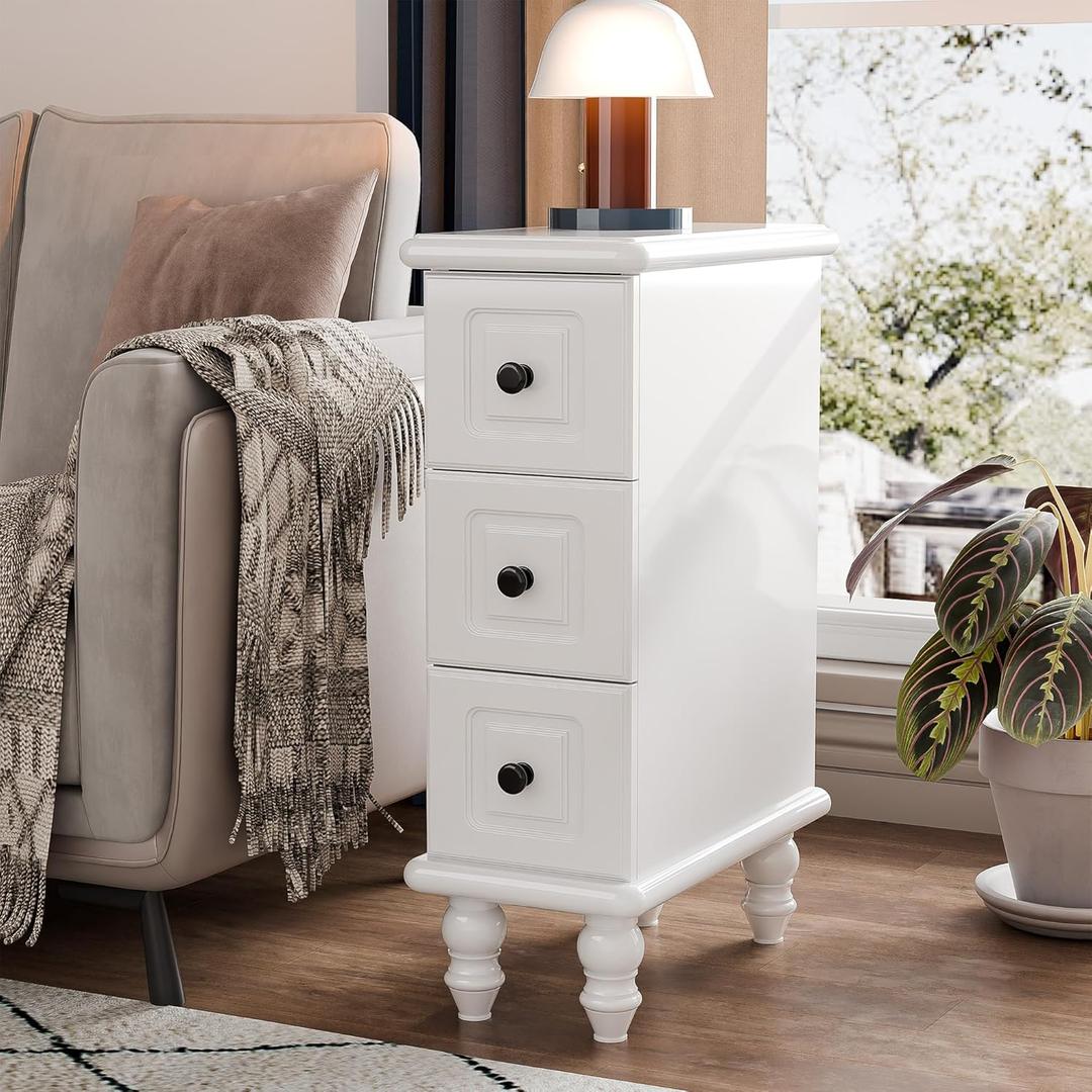Solid Wood End Table, White Narrow Side Table with Drawers, Small Nightstand Skiny Beside Table for Small Space, Living Room, Bedroom, 8" Width, 7.9x15x23.6 In