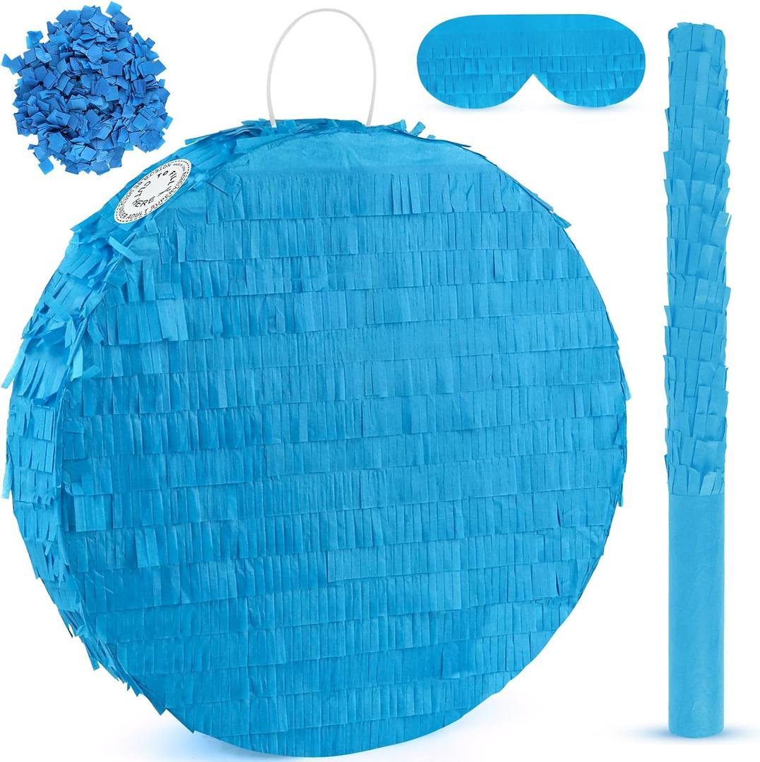 Blue Round Pinata with Stick Blindfold Confetti DIY Blank Pinata for Boys Kids Birthday Party Supplies Carnivals Halloween Christmas Decorations