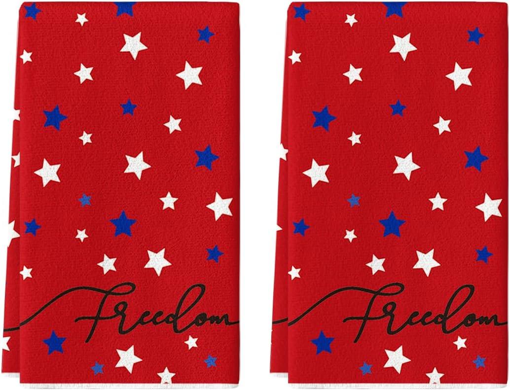 Artoid Mode Red Freedom Stars America Patriotic 4th of July Kitchen Towels Dish Towels, 18x26 Inch Memorial Day Decoration Hand Towels Set of 2